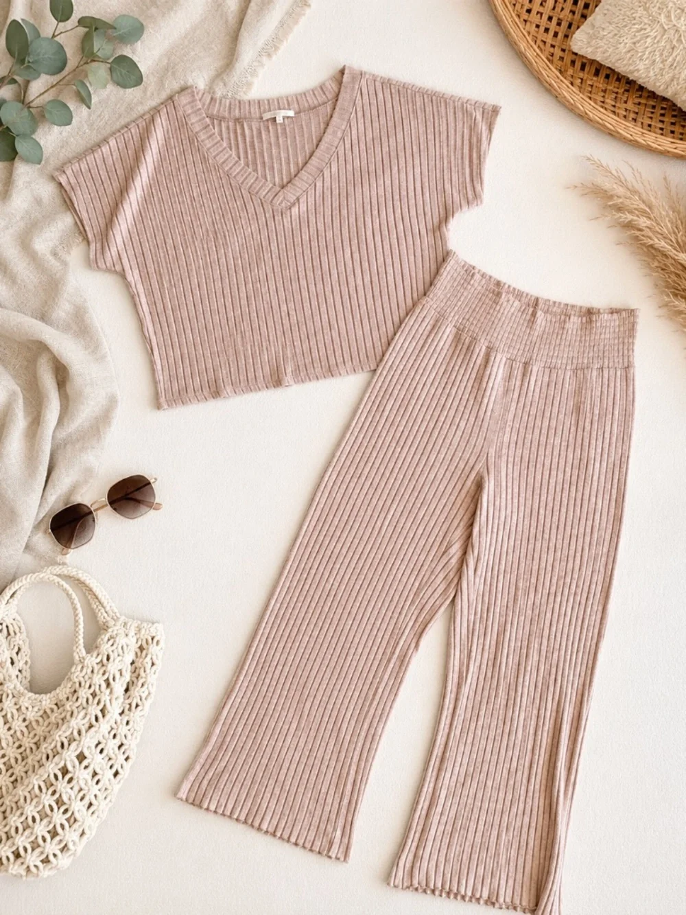 Z Supply Ribbed Lounge Set V-Neck Top & Pants Z Taupe Pink Size M